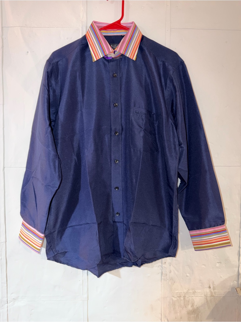 Paul Smith Navy Dress Shirt with Multicolor Stripe Collar 100% cotton